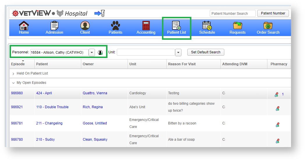 An image of the Patient List with the logged in user in the Personnel box and all their assigned patients displayed.