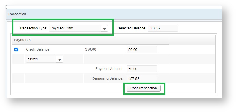 An image of the Transaction section of the Cashier screen, with Payment Only selected and the Credit Balance option checked.  