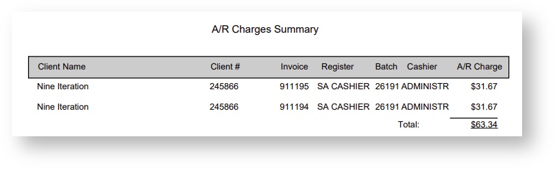 An image containing a small portion of the AR Charges Summary Report PDF that will print when you choose Print Transmittal.