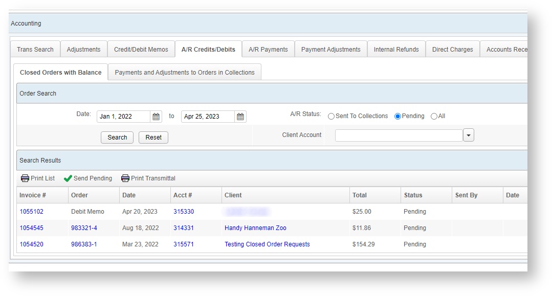 An image of the upper portion of the AR Credits Debits tabs displaying the Closed Orders with Balance sub tab.  Order Search with a date range is at the top, with radio buttons for statuses, the search and reset buttons, and the option to filter by a specific client account.  The search results will appear in a list below.