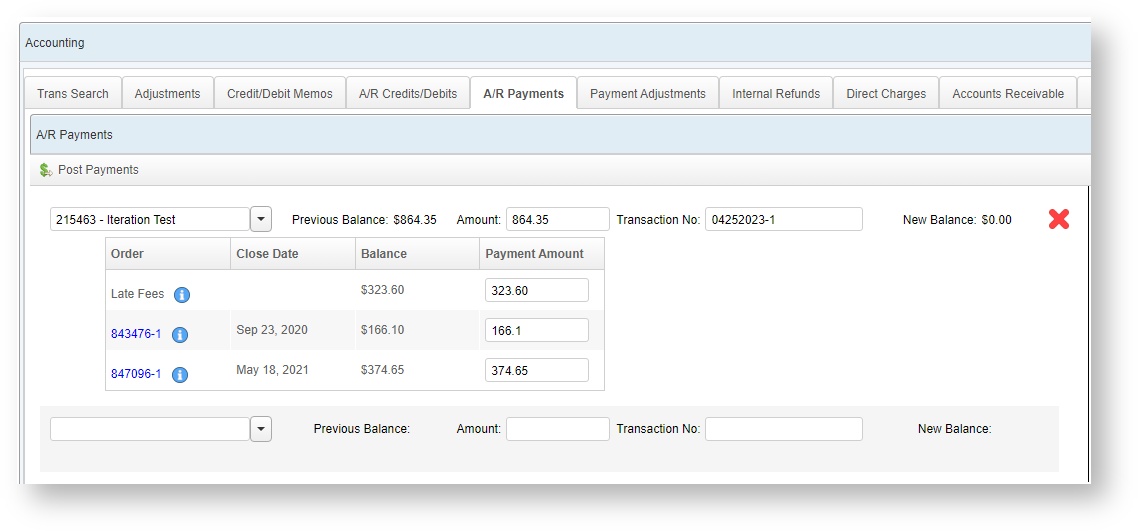 An image of the AR Payments Tab.  At the top is the button to Post Payments.  The next field is for client search, with a field behind it to enter in the amount that the client is paying and a specific transaction number.  If the payment is only being applied to one balance, the amount can be specified against that balance in the Order list.  